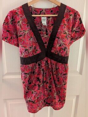 duo Maternity Red and Brown Floral Empire-Waist V-Neck Maternity Tunic NWT Y2K
